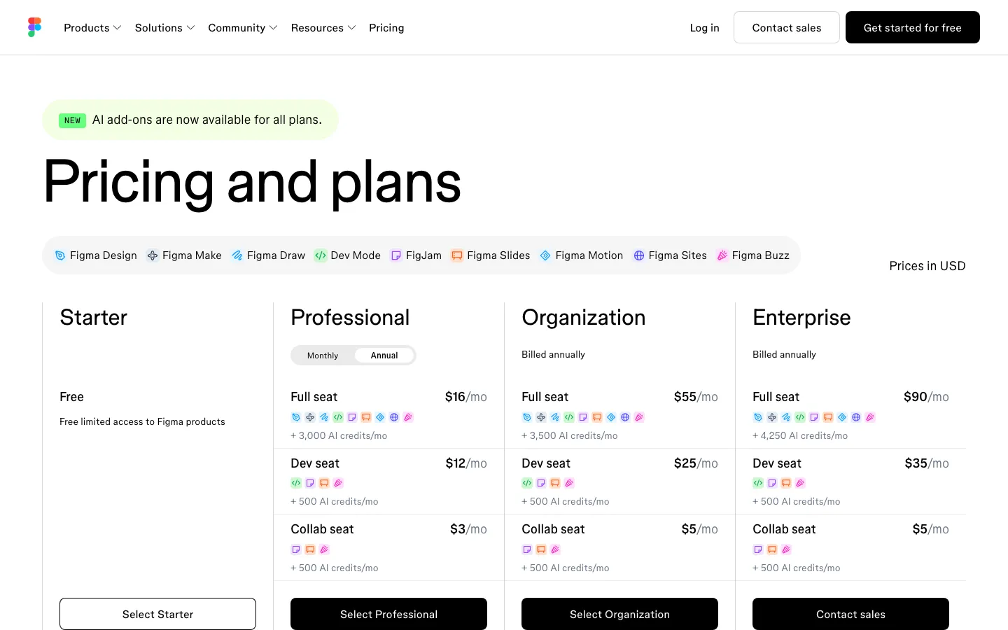 Figma pricing page, 19 September 2026, announcing AI add-ons on all plans