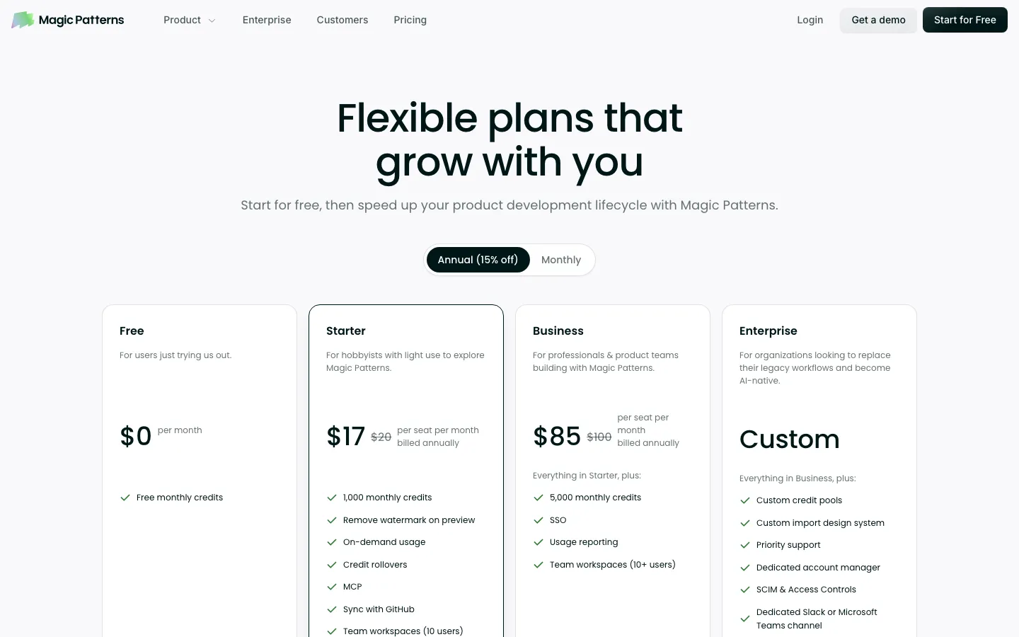 Magic Patterns pricing page, 19 September 2026