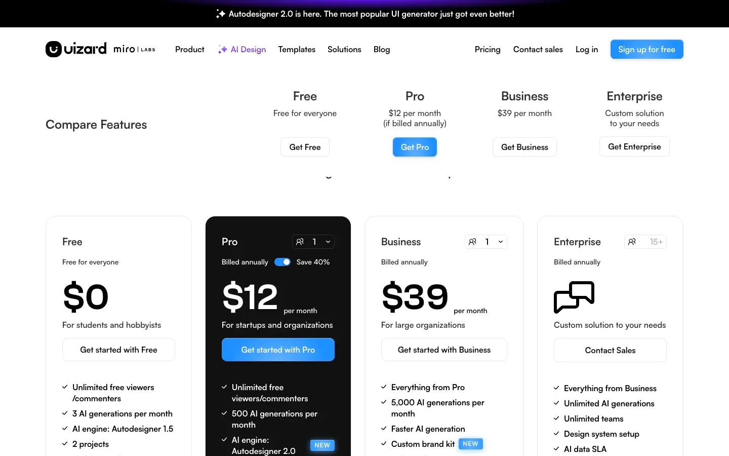 Uizard pricing page, 19 September 2026, now branded as part of Miro Labs