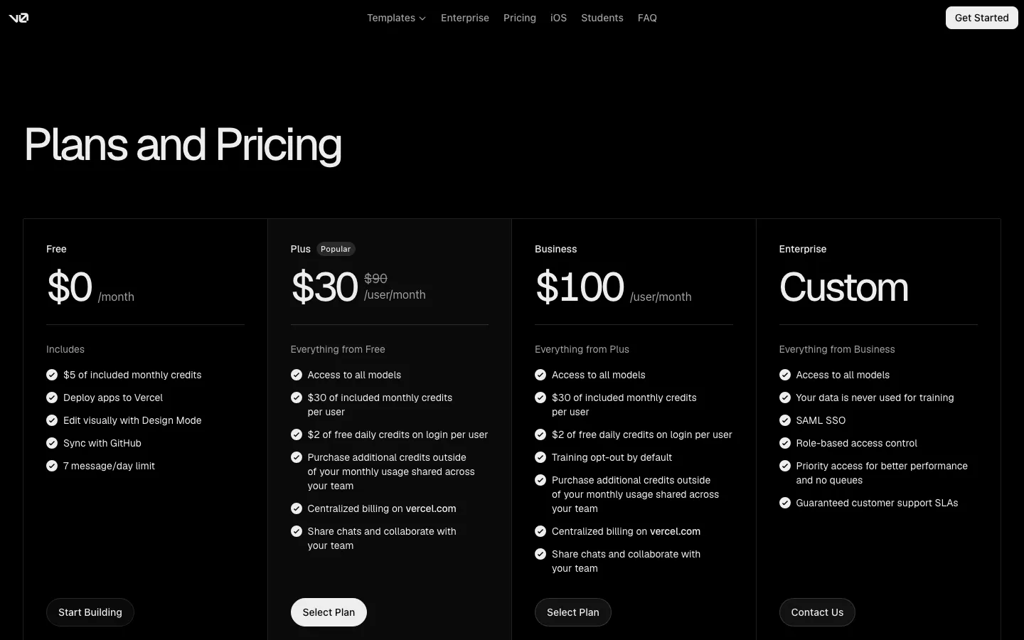 v0 pricing page, 19 September 2026, with Plus at $30 per user shown against a struck-through $90