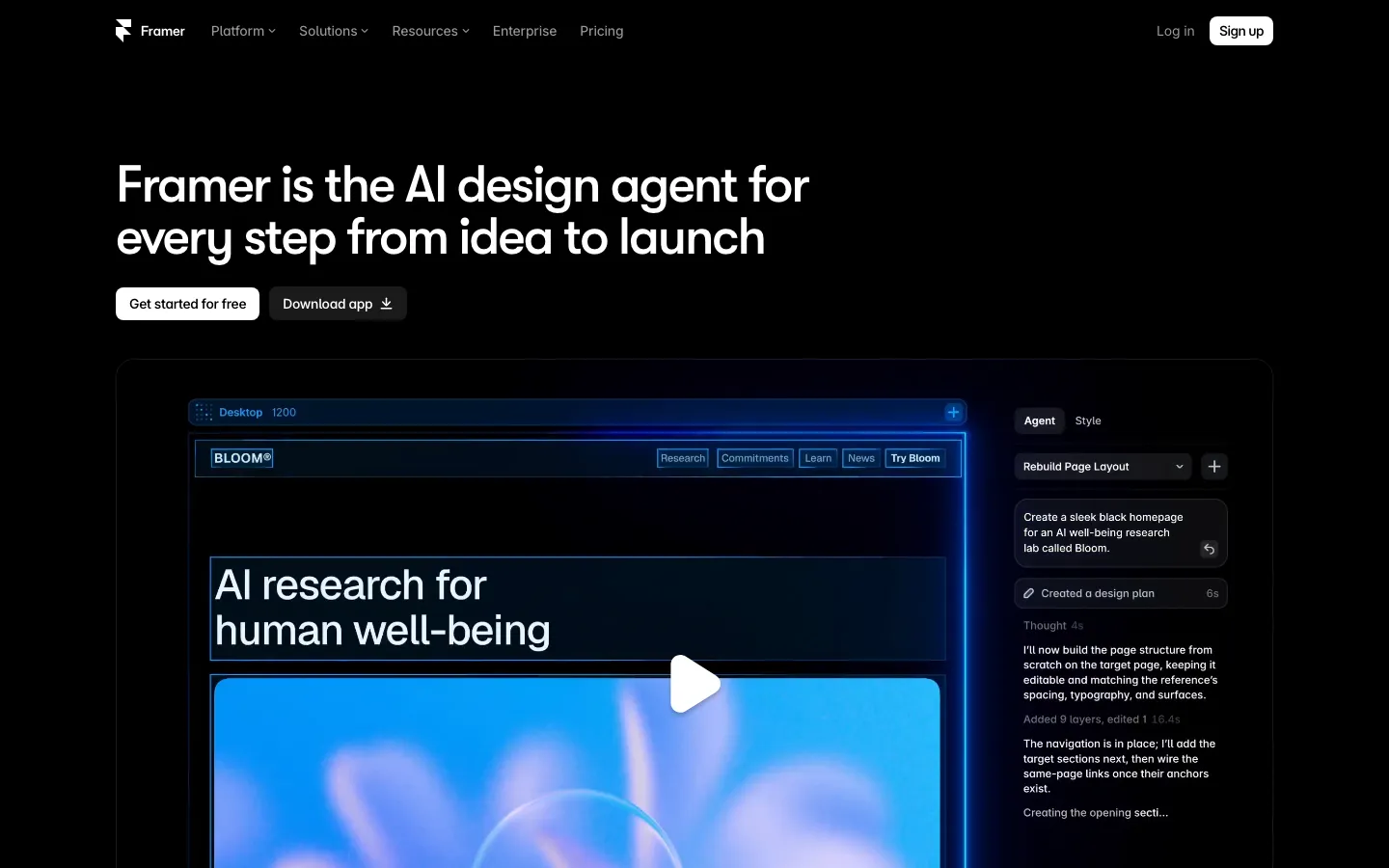 Framer homepage, captured 12 September 2026, selling itself as an AI design agent