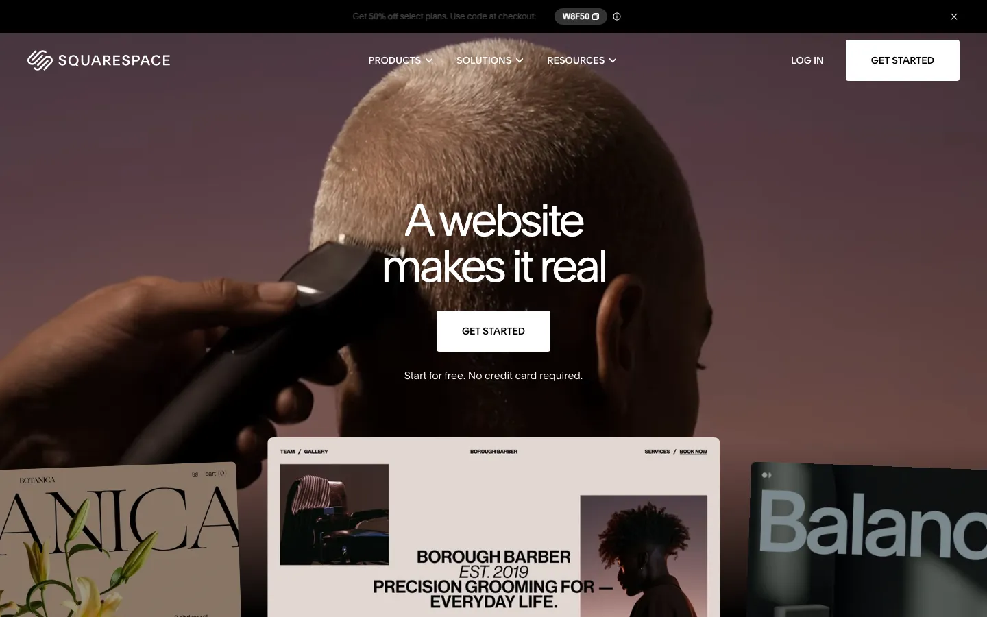 Squarespace homepage, captured 10 September 2026, with a 50 percent off promo code in the banner
