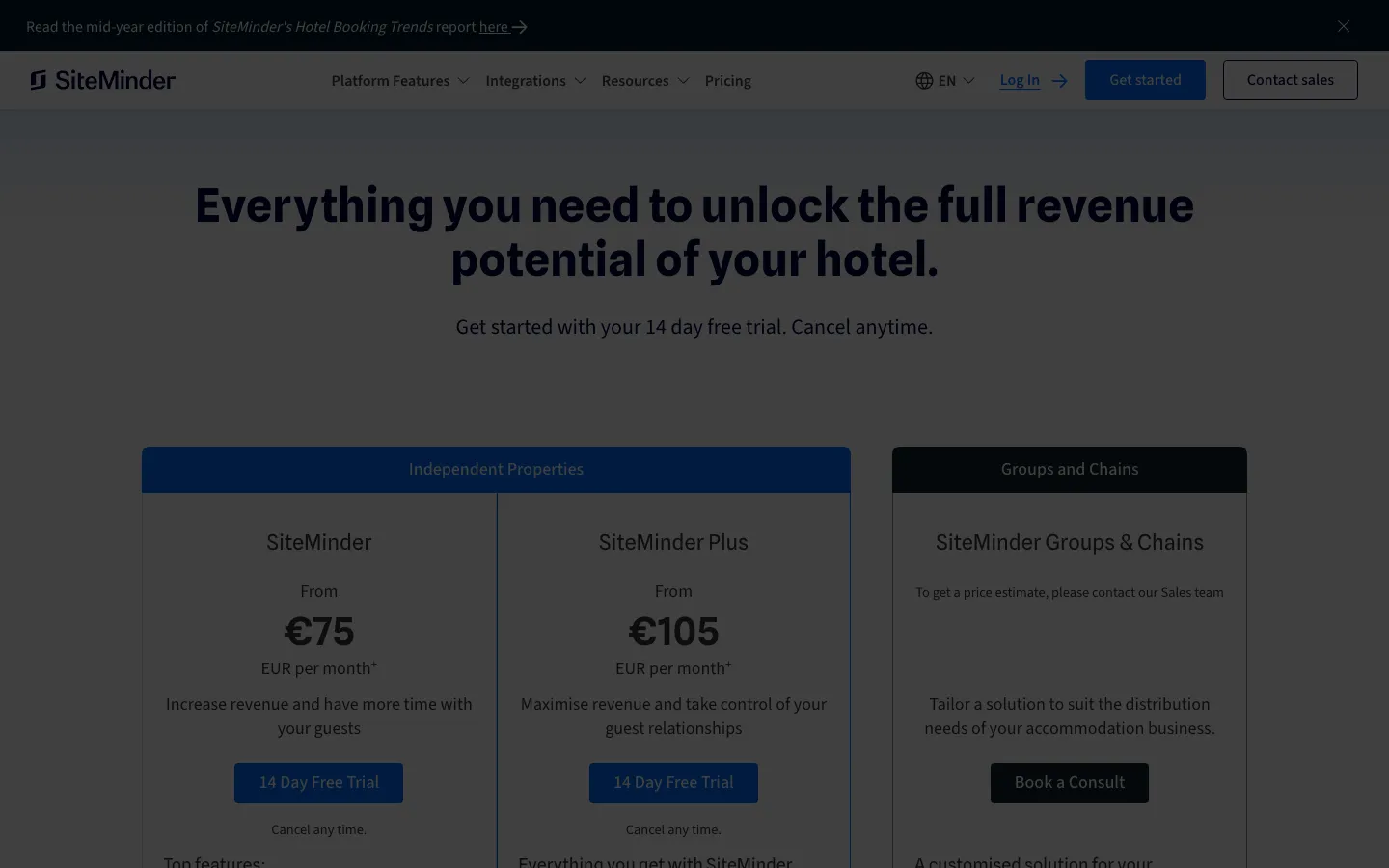 SiteMinder pricing page, captured 15 September 2026, showing plans from €75 and €105 a month for a five-room property