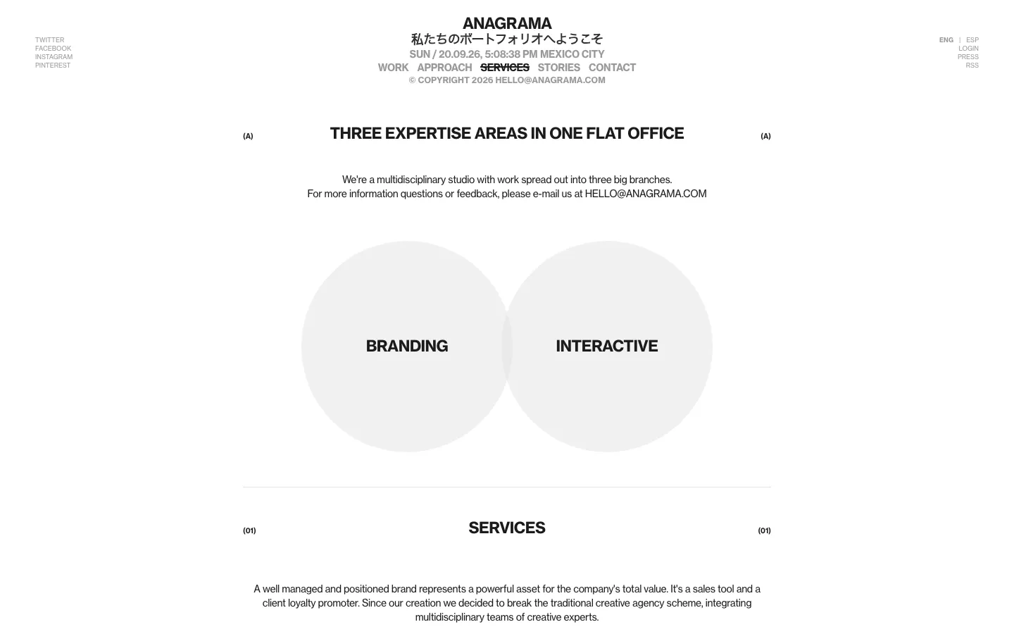 Anagrama services page captured 20 September 2026, listing branding, interactive and additional services