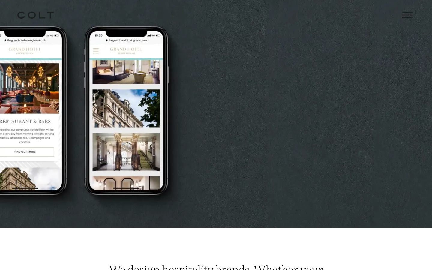 Colt homepage captured 20 September 2026, headlined We design hospitality brands