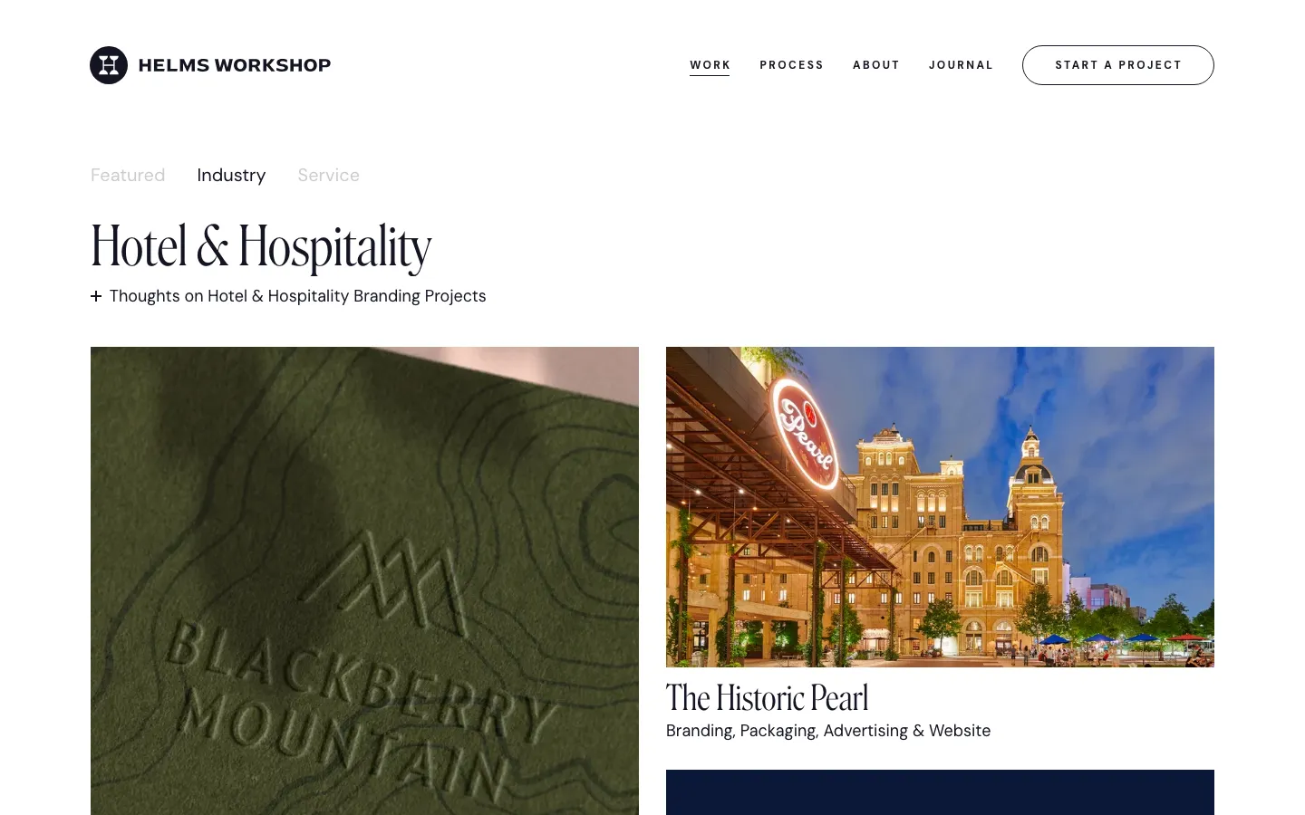 Helms Workshop's hotel and hospitality work page, captured 20 September 2026, showing Blackberry Mountain and The Historic Pearl
