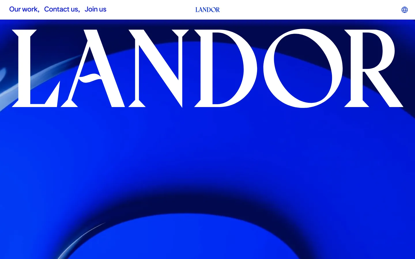 Landor homepage captured 20 September 2026, an abstract blue form under the Landor wordmark