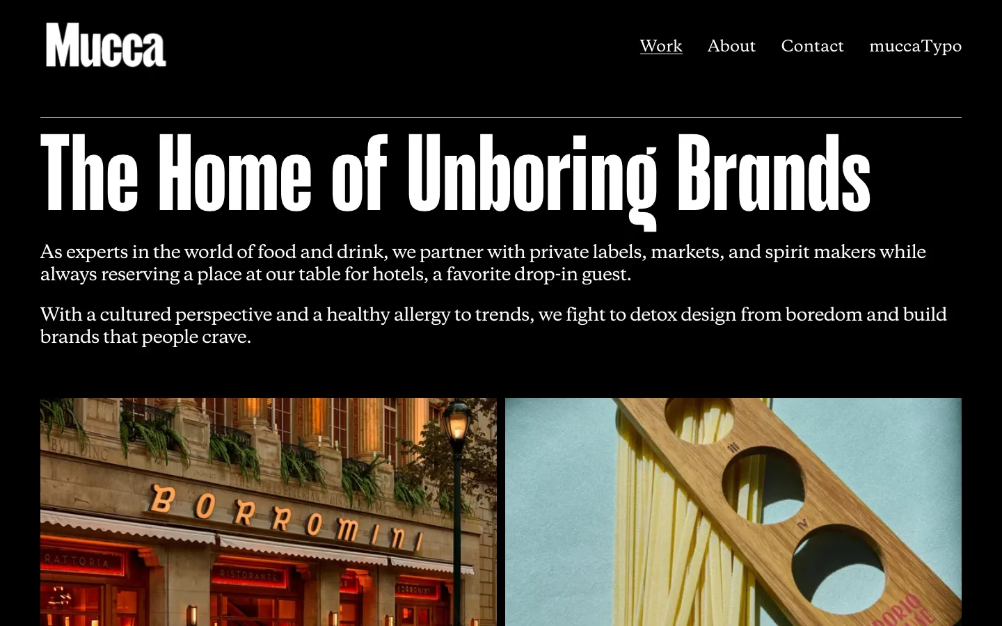 Mucca homepage captured 20 September 2026, headlined The Home of Unboring Brands