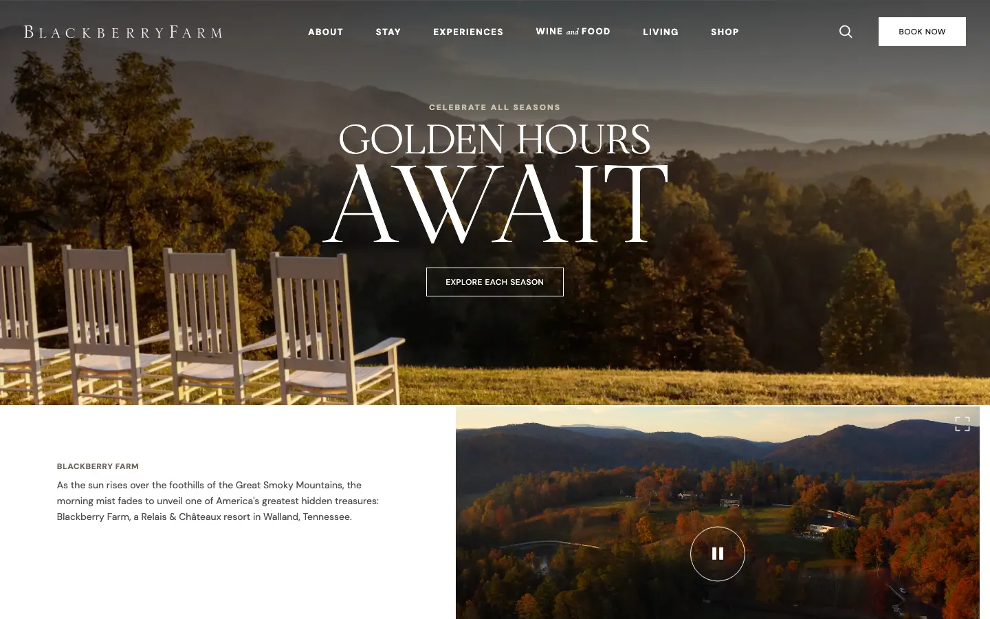 Blackberry Farm's homepage on 10 October 2026: Golden Hours Await in large serif type over rocking chairs on a porch facing autumn hills, with an Explore Each Season button