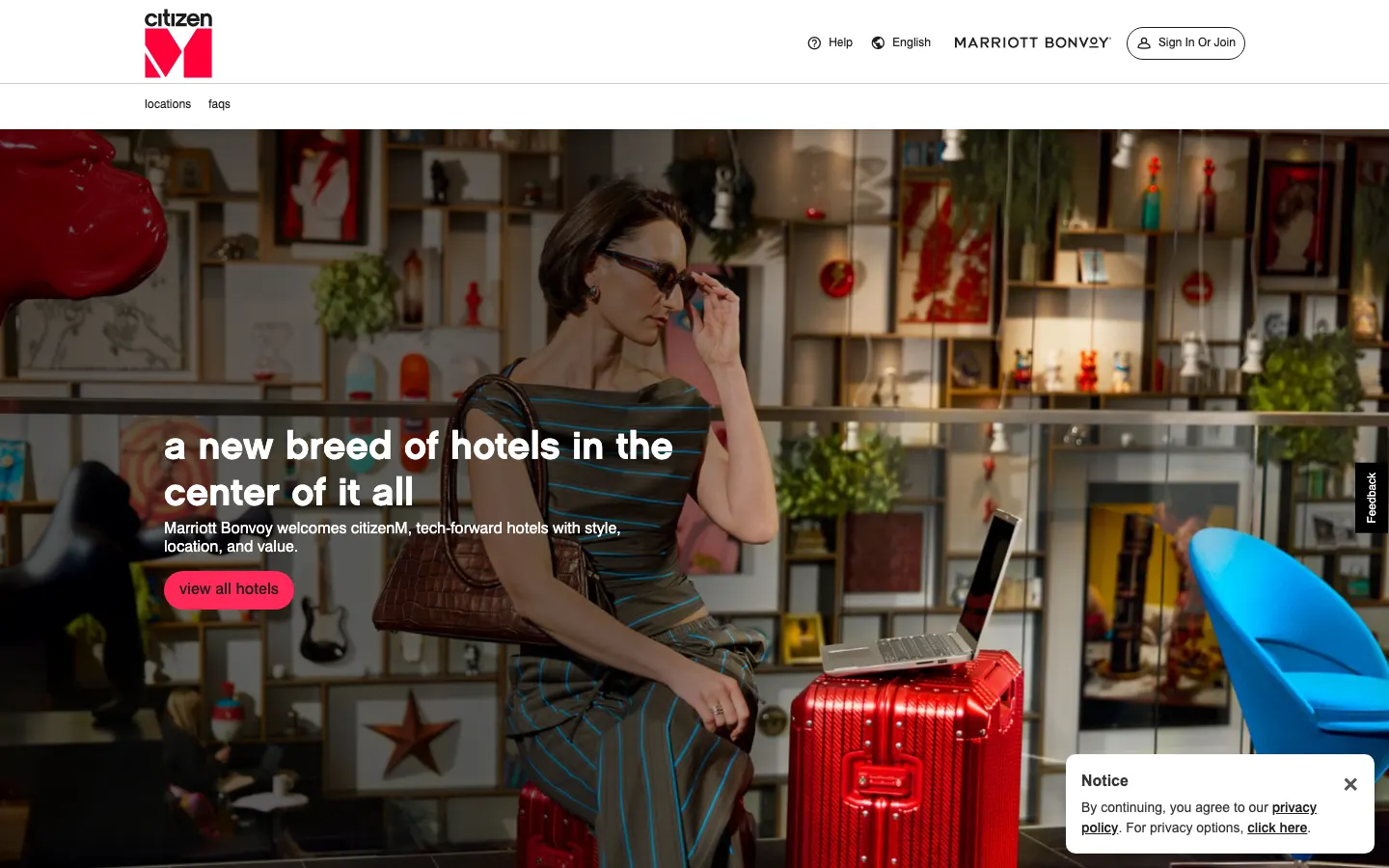 What citizenm.com shows on 10 October 2026: a Marriott Bonvoy header with sign-in, above a citizenM lobby photograph and the line a new breed of hotels in the center of it all, Marriott Bonvoy welcomes citizenM