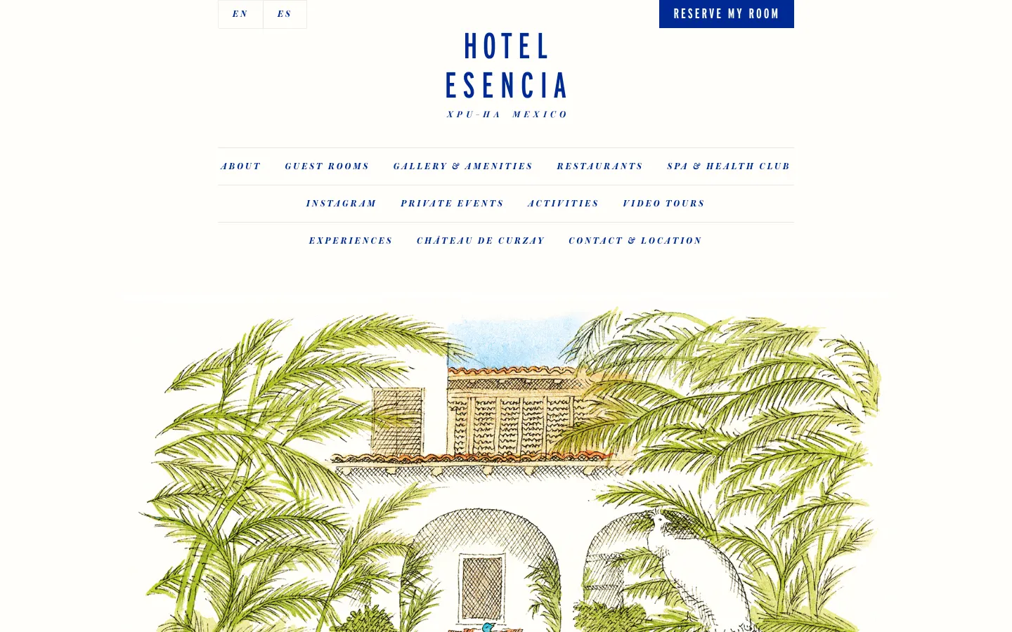 Hotel Esencia's homepage on 10 October 2026: the hotel name in blue capitals, a menu set in small italic capitals, and an illustration of a white villa among palm fronds, with a Reserve My Room button