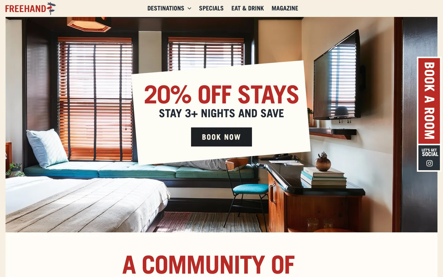 Freehand's homepage on 10 October 2026: a hotel room with a window seat, overlaid with a card reading 20% off stays, stay 3+ nights and save, a Book Now button, and a red Book a Room tab fixed to the right edge