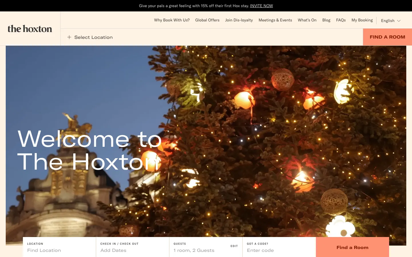 The Hoxton's homepage on 10 October 2026: Welcome to The Hoxton over a lit Christmas tree, with a search bar for location, dates, guests and a code, a Find a Room button, and Why Book With Us? in the top navigation