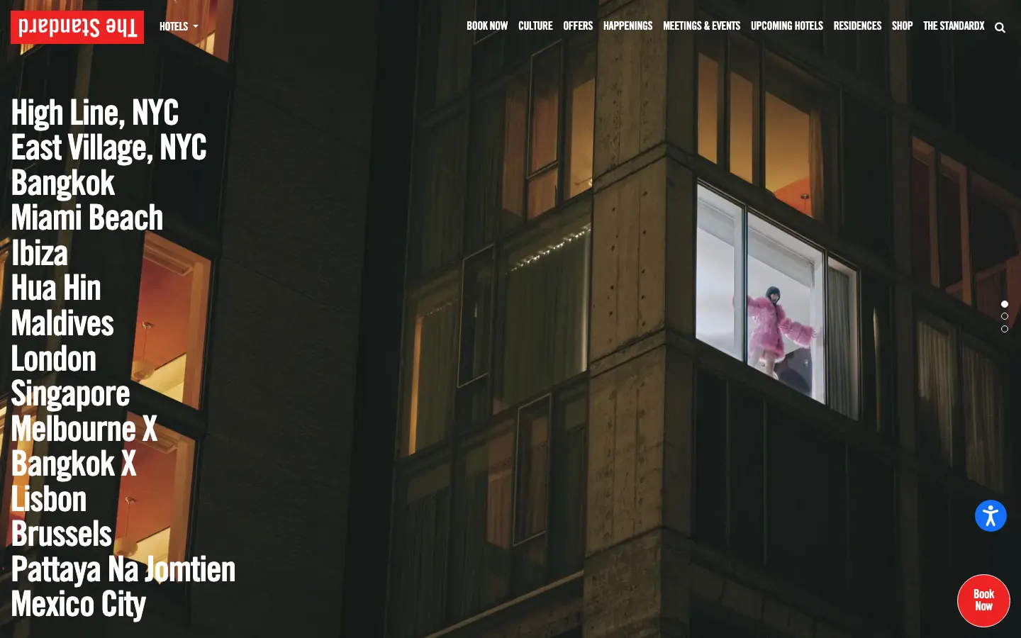 The Standard's homepage on 10 October 2026: a list of cities in large white type, High Line NYC, East Village NYC, Bangkok, Miami Beach, Ibiza and more, beside a night photograph of a hotel window