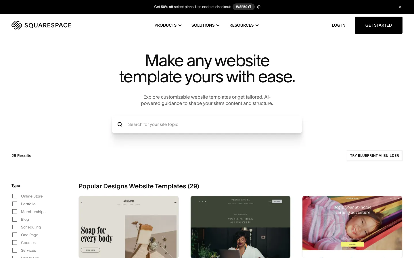 Squarespace template gallery, captured 8 September 2026