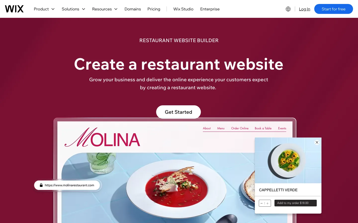 Wix restaurant website builder page, captured 8 September 2026