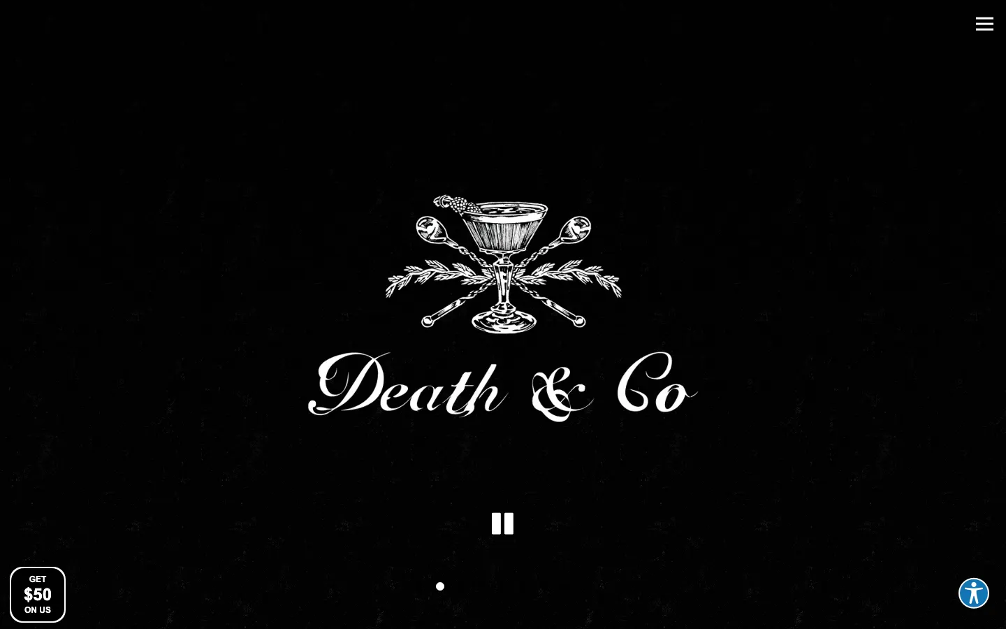 Death & Co's homepage on 30 September 2026: the Death & Co wordmark and crest in white on black, over a paused slideshow