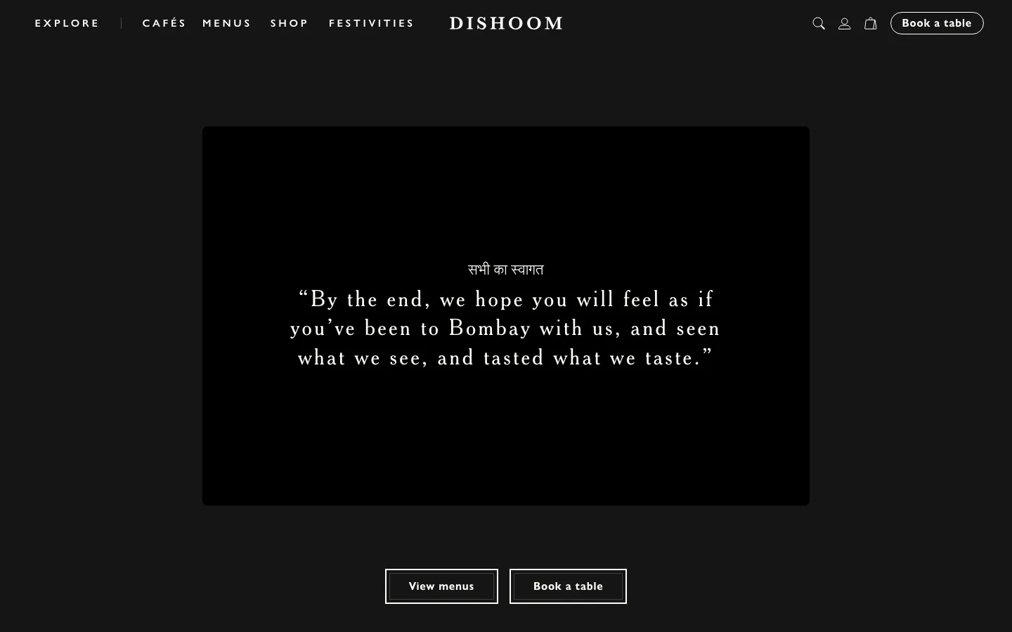Dishoom's homepage on 30 September 2026: a quotation about Bombay set in a dark panel, with View menus and Book a table buttons below