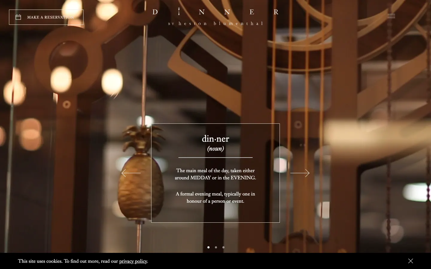 Dinner by Heston Blumenthal homepage on 30 September 2026: a dictionary definition of dinner set over a photograph of the dining room's pineapple and clockwork