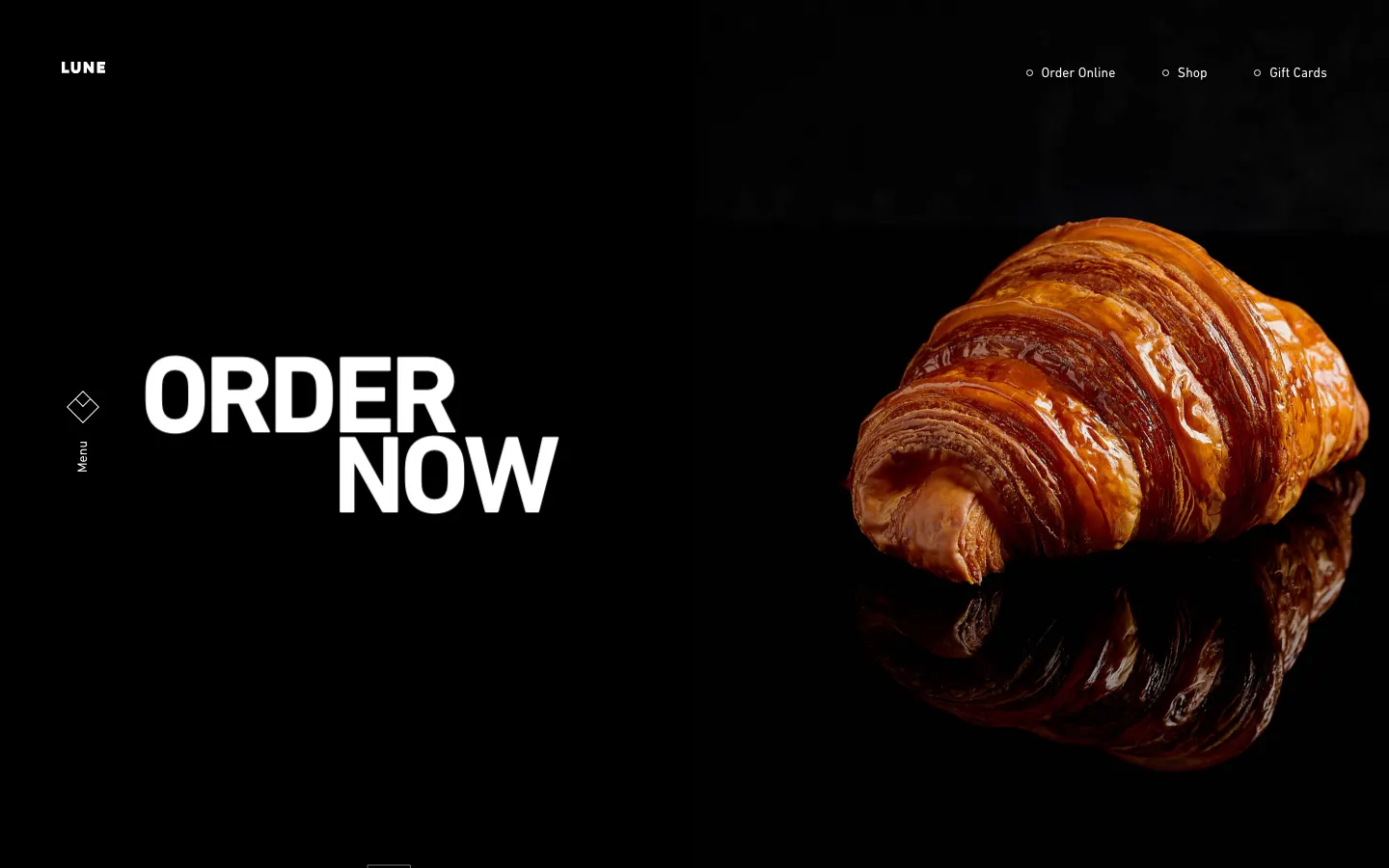 Lune Croissanterie's homepage on 30 September 2026: Order Now in heavy type beside a lit croissant on black