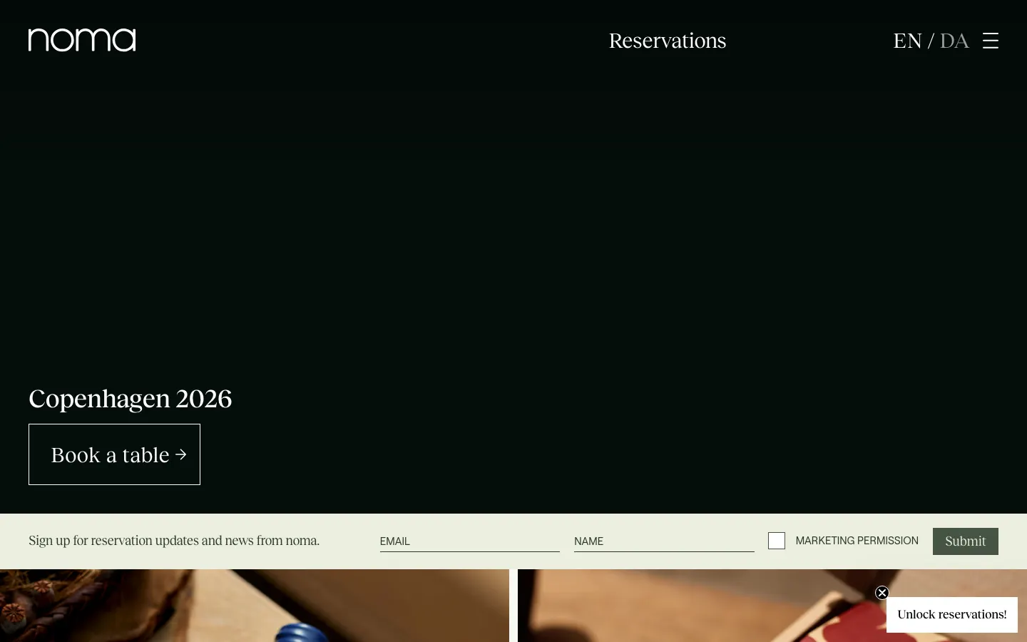 Noma's homepage on 30 September 2026: the noma wordmark on dark green with Copenhagen 2026 and a Book a table button, and a newsletter sign-up bar below
