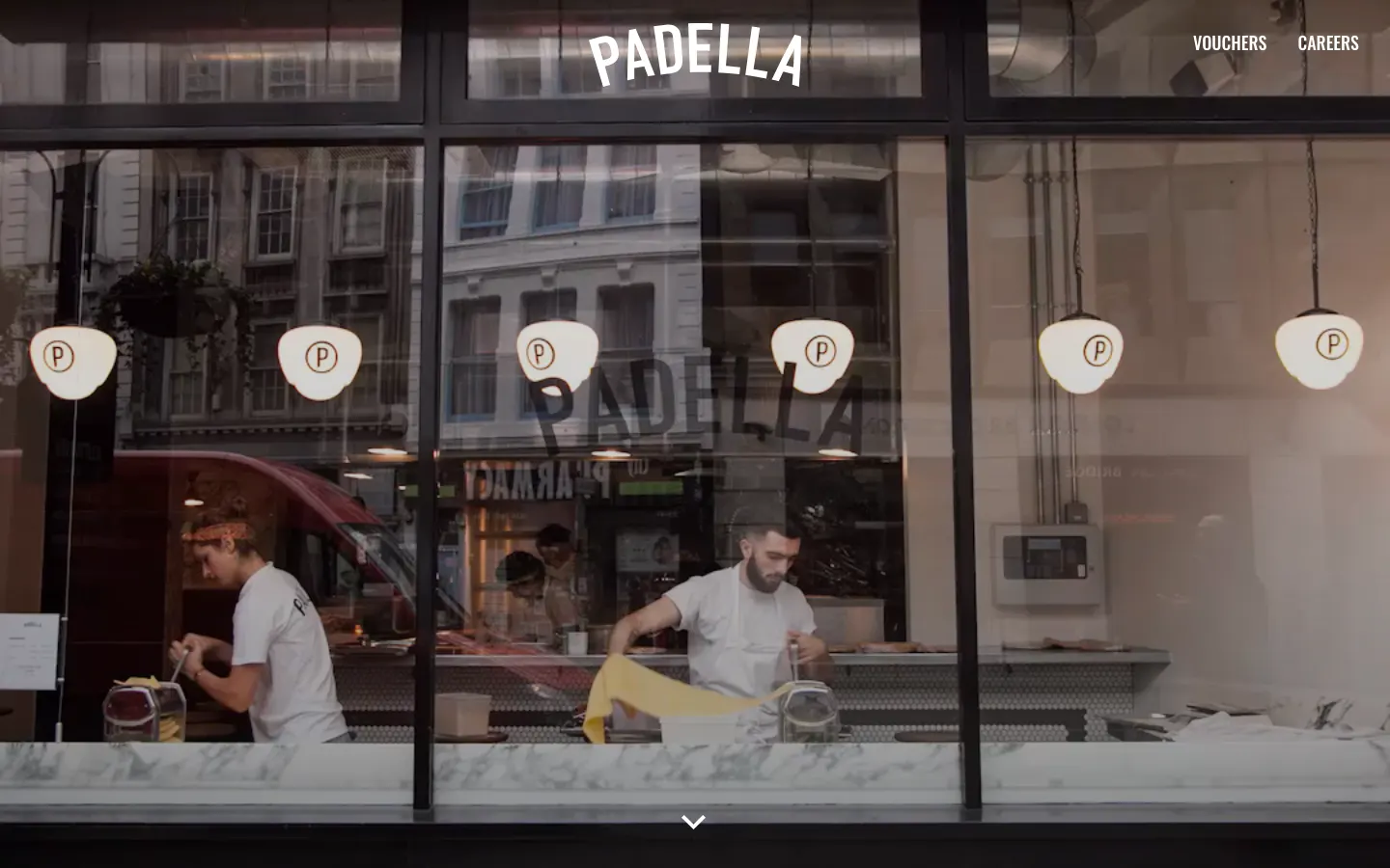 Padella's homepage on 30 September 2026: the Padella sign above the window of the pasta bar, with cooks at work behind the glass