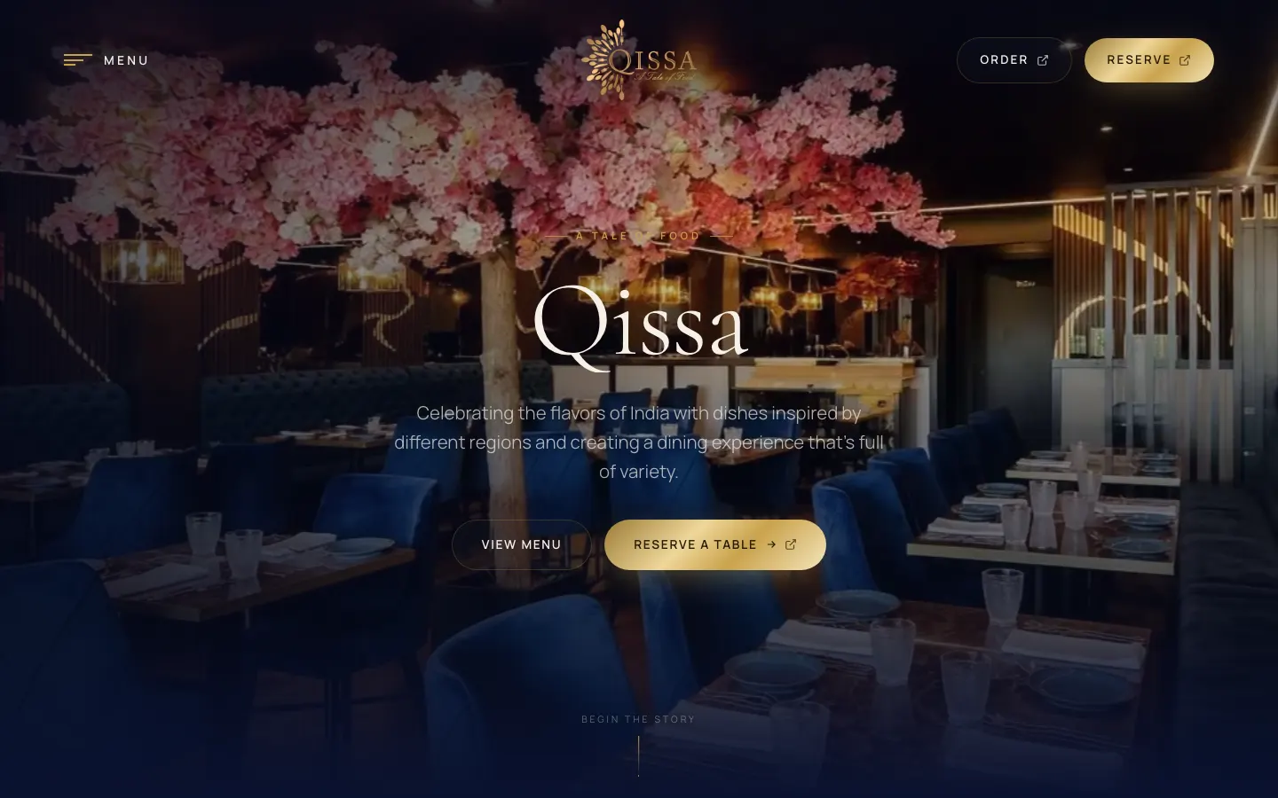 Qissa's homepage on 30 September 2026: a dining room under a canopy of pink blossom, with View menu and Reserve a table buttons