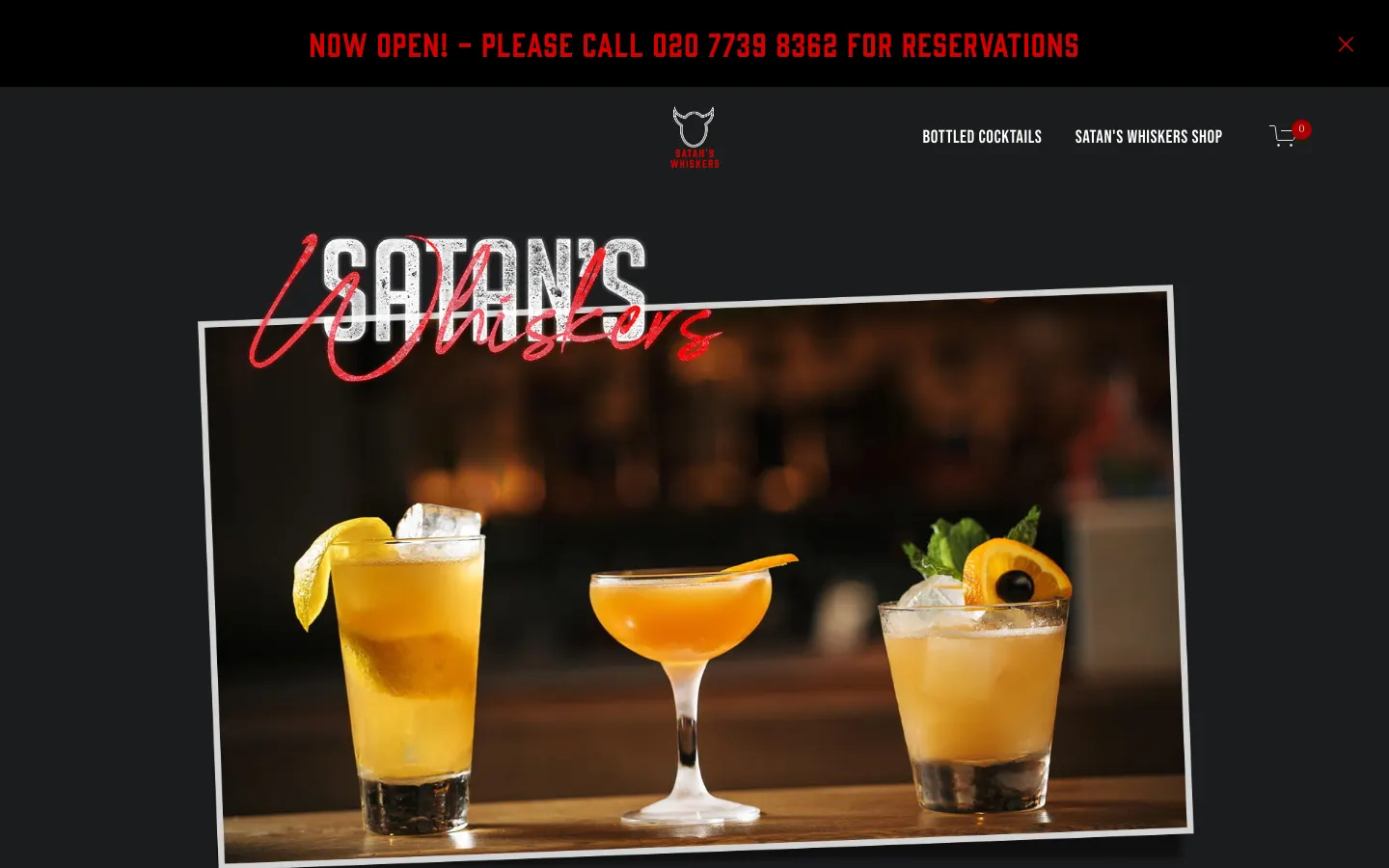 Satan's Whiskers homepage on 30 September 2026: the name in hand-drawn type over three cocktails, under a red banner reading please call for reservations