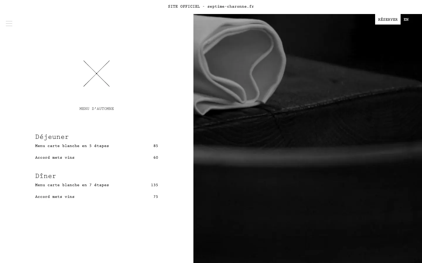 Septime's website on 30 September 2026: the autumn menu in typewriter type, lunch at 85 and dinner at 135 euros, beside a black and white photograph of a napkin
