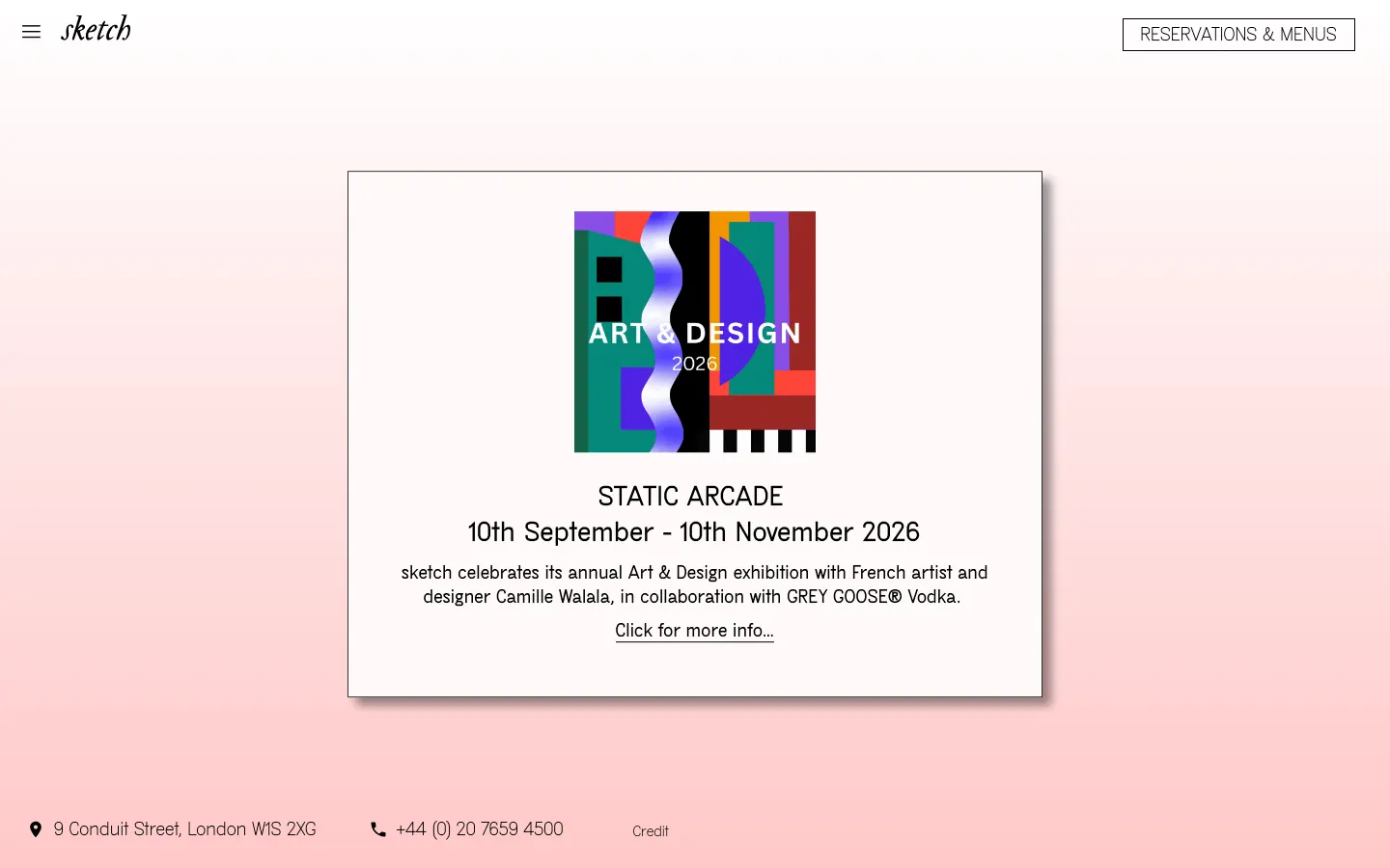 sketch's homepage on 30 September 2026: a pink gradient with an art and design exhibition announcement, Reservations and Menus in the corner, and the address and phone number at the bottom