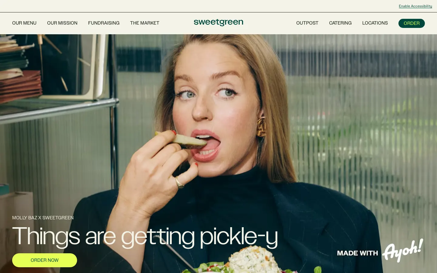 sweetgreen's homepage on 30 September 2026: a woman eating from a salad bowl under the line Things are getting pickle-y, with an Order Now button