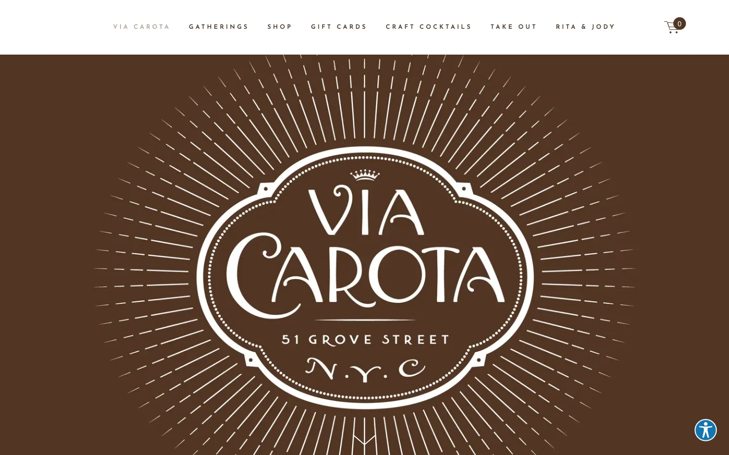 Via Carota's homepage on 30 September 2026: an ornate white badge reading Via Carota, 51 Grove Street, NYC, on brown with radiating lines