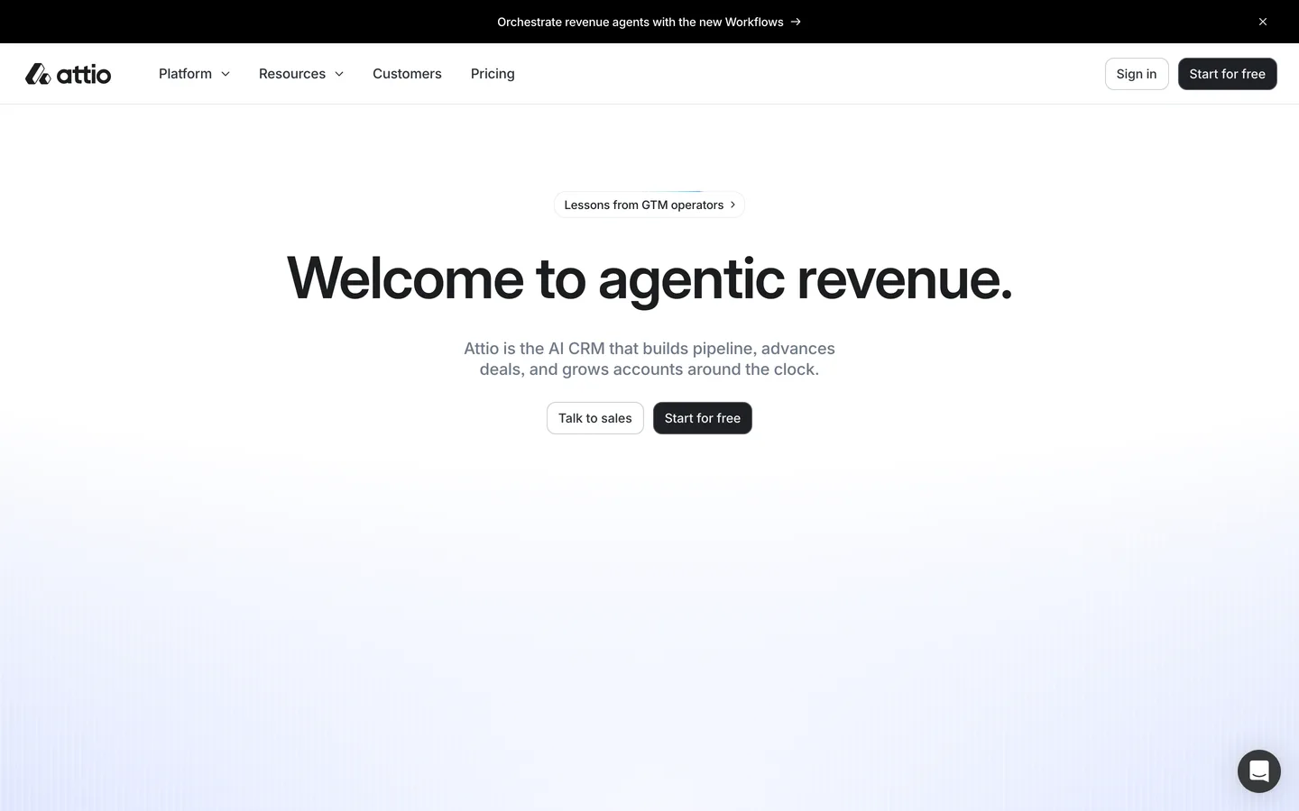 Attio homepage — 'Welcome to agentic revenue.' headline above a real CRM interface in a browser frame