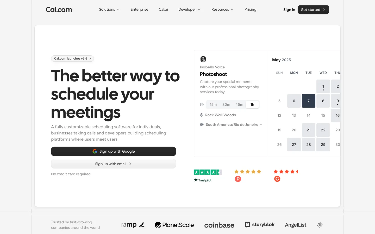 Cal.com homepage — 'The better way to schedule your meetings' headline beside a live booking-calendar demo, with Trustpilot, Product Hunt and G2 ratings