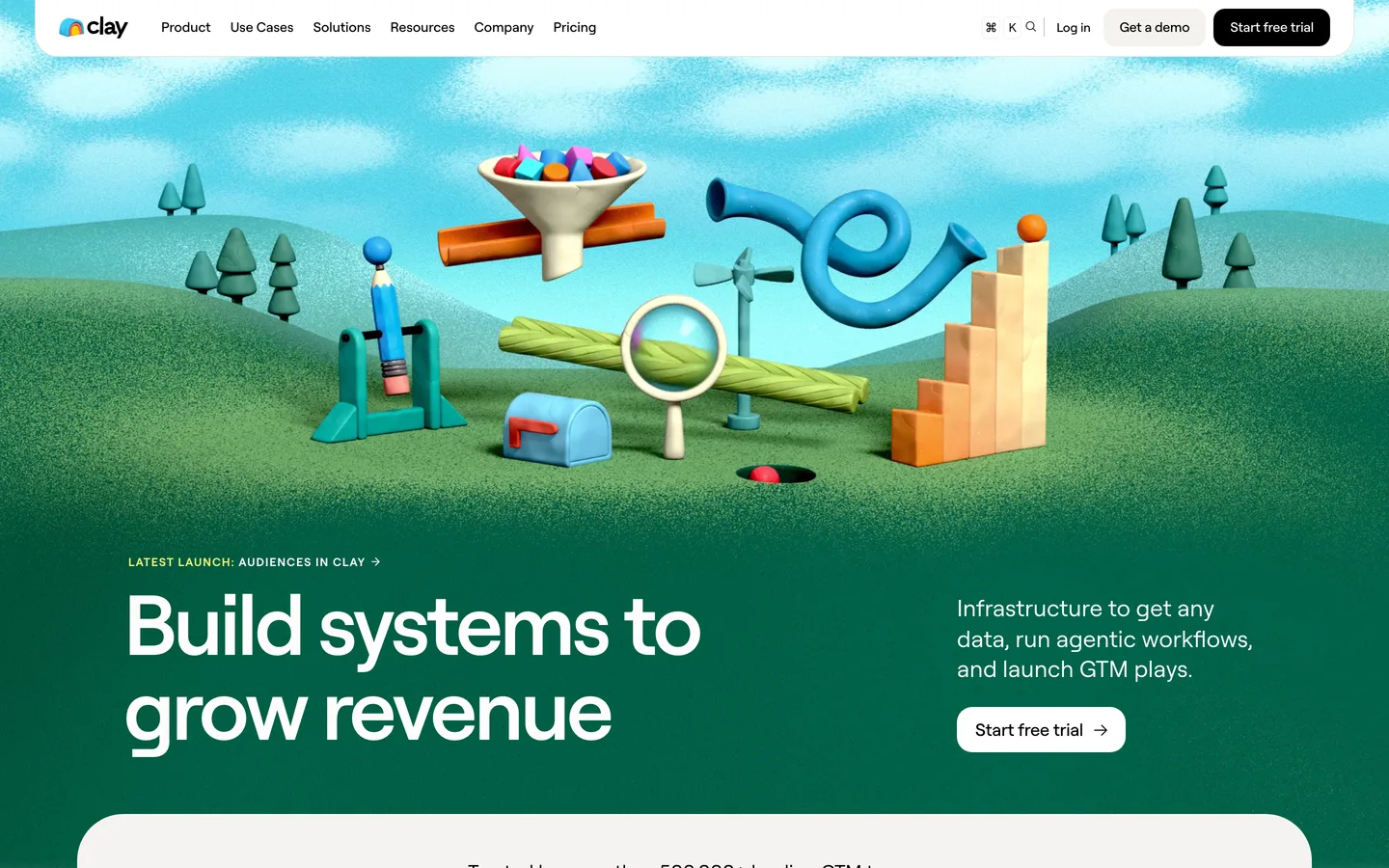 Clay homepage — claymation 3D landscape hero above the 'Build systems to grow revenue' headline