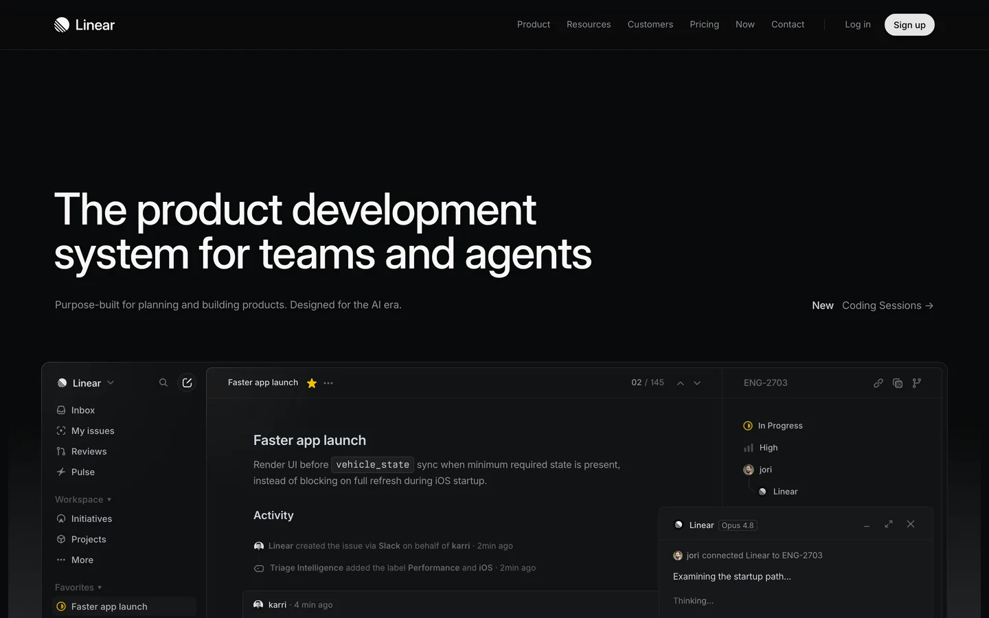 Linear homepage — dark hero reading 'The product development system for teams and agents' above a real product screenshot with an AI agent panel