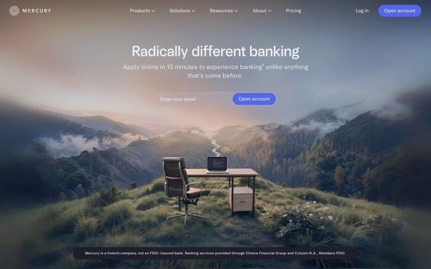 Mercury homepage — 'Radically different banking' headline with an email-capture field directly in the hero, over full-width landscape imagery
