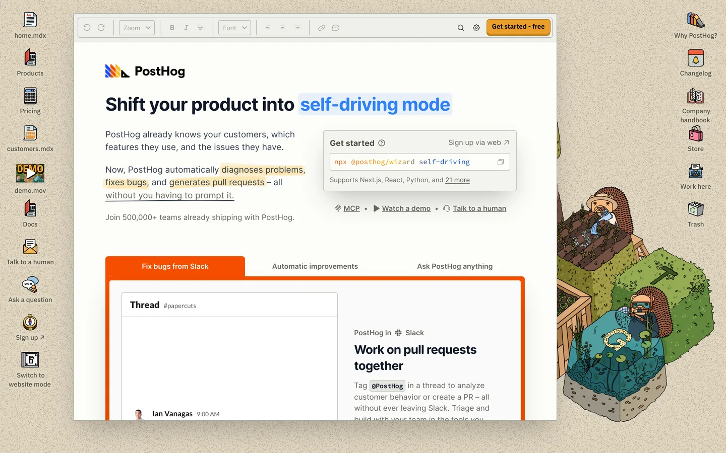 PostHog homepage — desktop-OS-style layout with a home.mdx window reading 'Shift your product into self-driving mode' and an npx install command in the hero