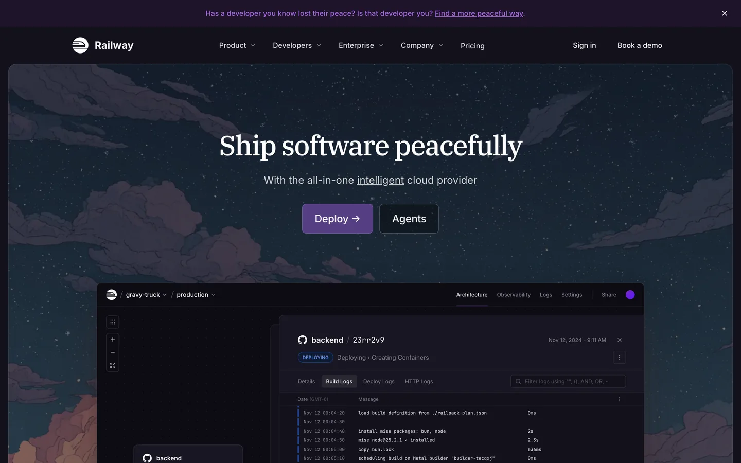 Railway homepage — 'Ship software peacefully' serif headline over a night-sky illustration, above a real deploy-logs product screenshot