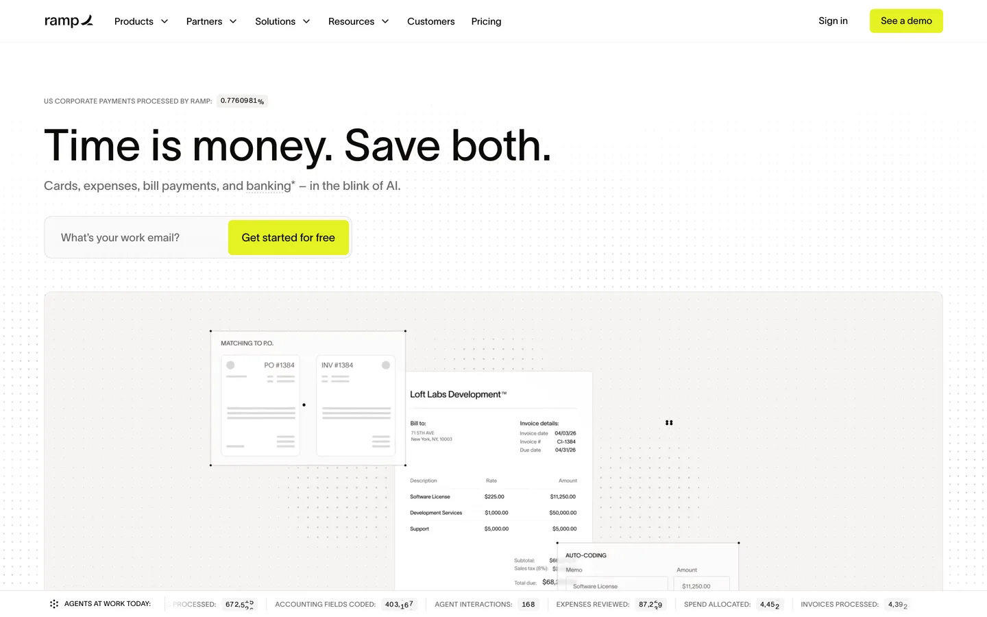 Ramp homepage — 'Time is money. Save both.' headline, work-email capture field, and a live ticker of US corporate payments processed