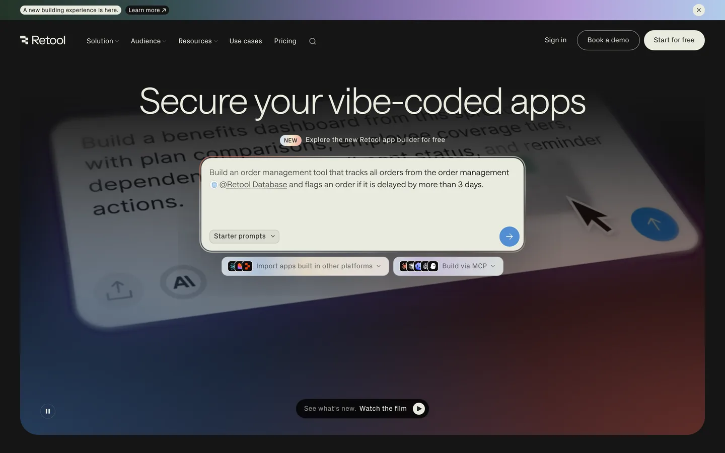 Retool homepage — 'Secure your vibe-coded apps' headline over a prompt-input box demoing the AI app builder