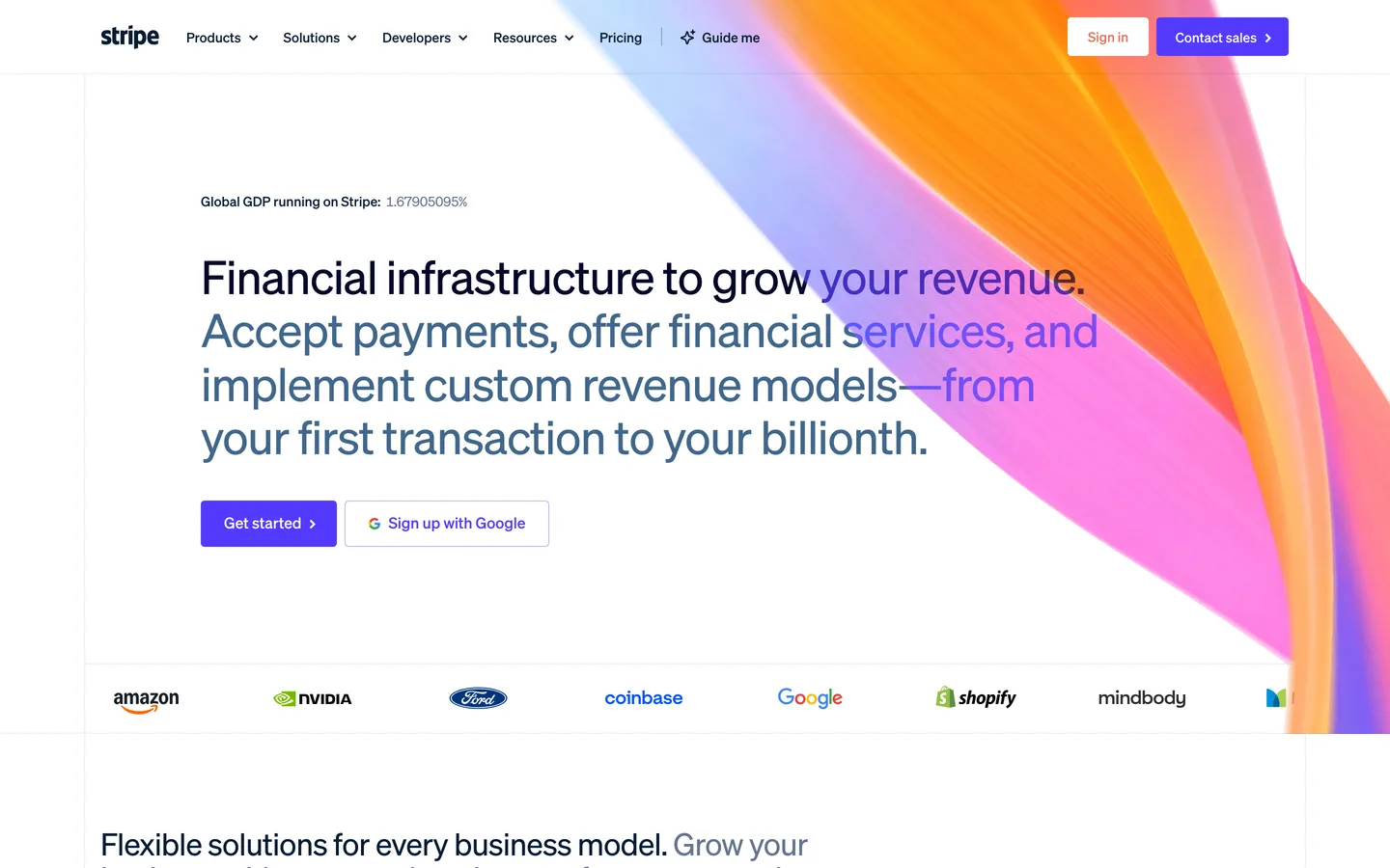 Stripe homepage — 'Financial infrastructure to grow your revenue' headline beside the animated gradient ribbon, with Amazon, Nvidia, Google and Shopify logos below