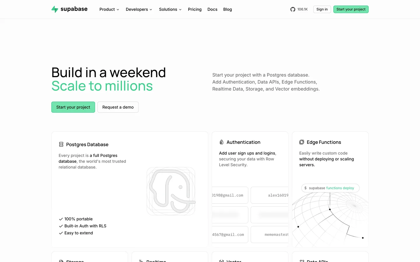 Supabase homepage — 'Build in a weekend, Scale to millions' headline beside a grid of product primitives: Postgres database, auth, edge functions
