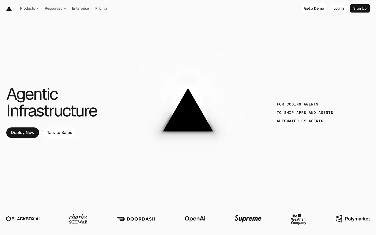 Vercel homepage — 'Agentic Infrastructure' headline beside the glowing black triangle mark, with DoorDash, OpenAI and Polymarket logos below