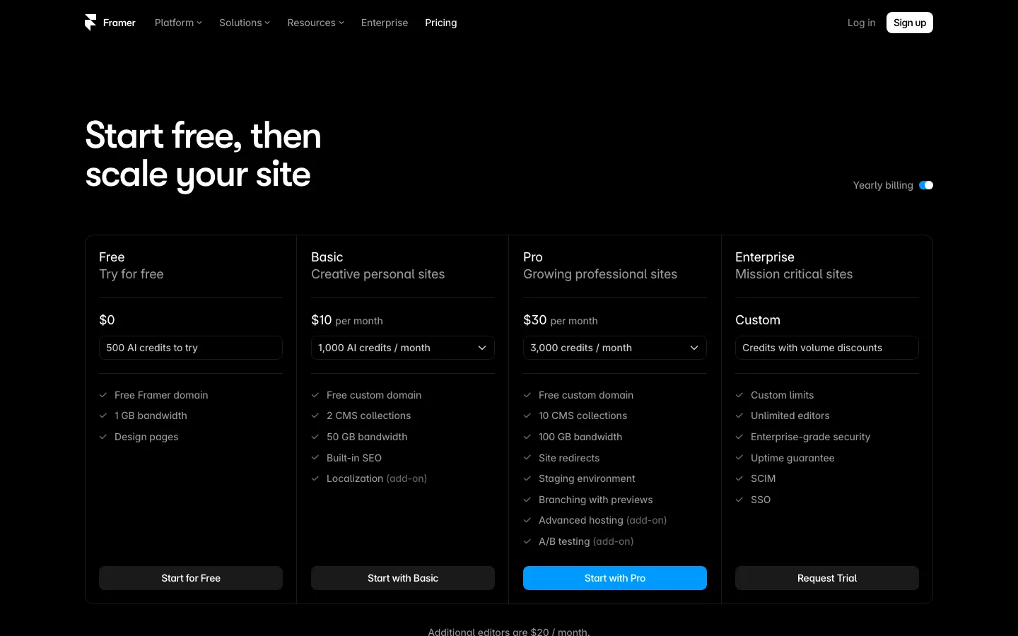 Framer pricing page, captured 8 September 2026