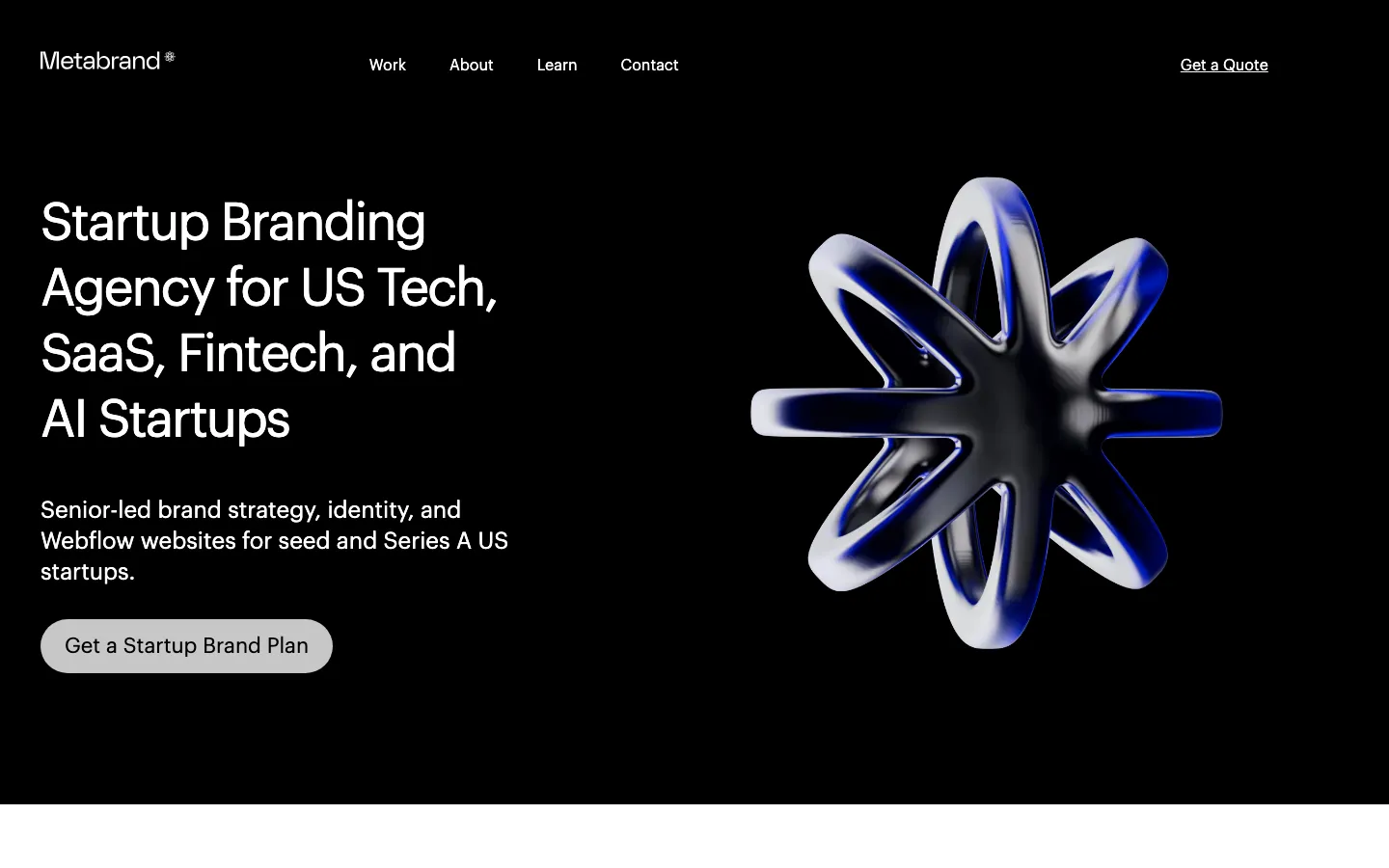 Metabrand startup branding page, captured 25 September 2026: Startup Branding Agency for US Tech, SaaS, Fintech, and AI Startups