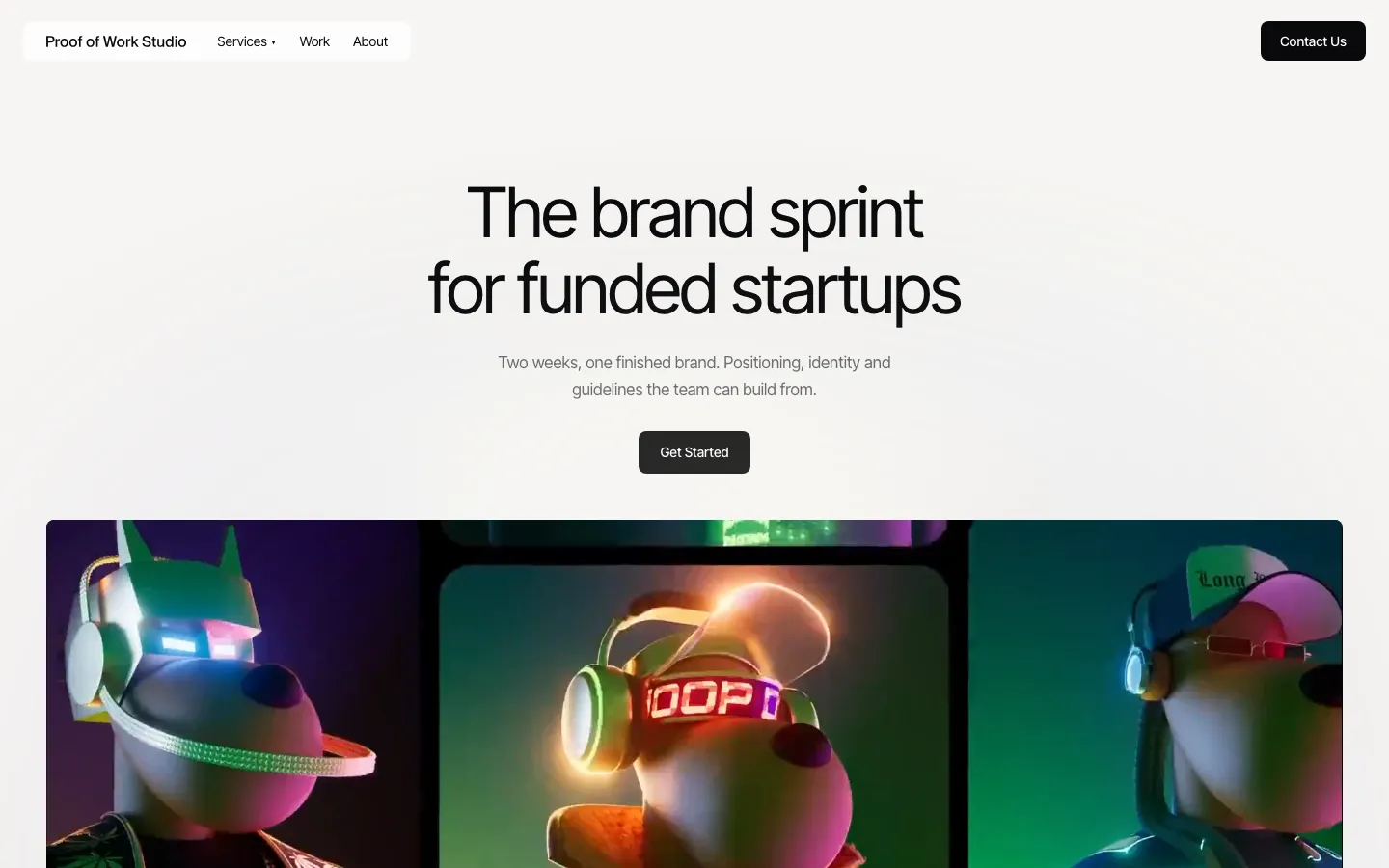 Proof of Work Studio brand sprint page, captured 25 September 2026: The brand sprint for funded startups