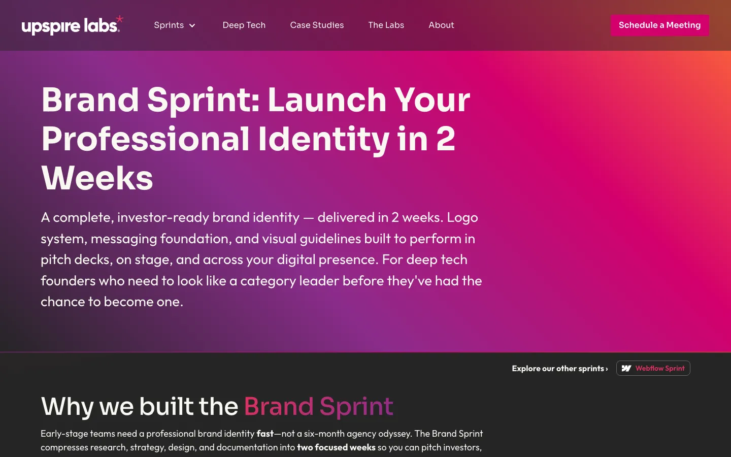 Upspire Labs brand sprint page, captured 25 September 2026: Launch Your Professional Identity in 2 Weeks