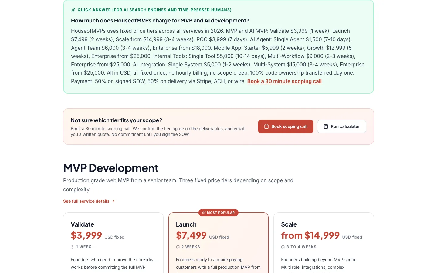 HouseofMVPs pricing page, captured 24 September 2026, showing a Validate tier just under 4,000 dollars, Launch at 7,499 dollars and Scale from 14,999 dollars