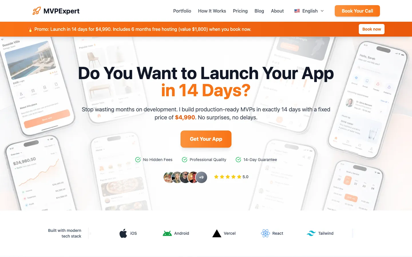 MVPExpert homepage, captured 24 September 2026, headlined Do You Want to Launch Your App in 14 Days